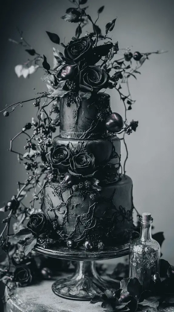 Gothic wedding cake adorned with black sugar roses, thorny vines wrapping around each tier