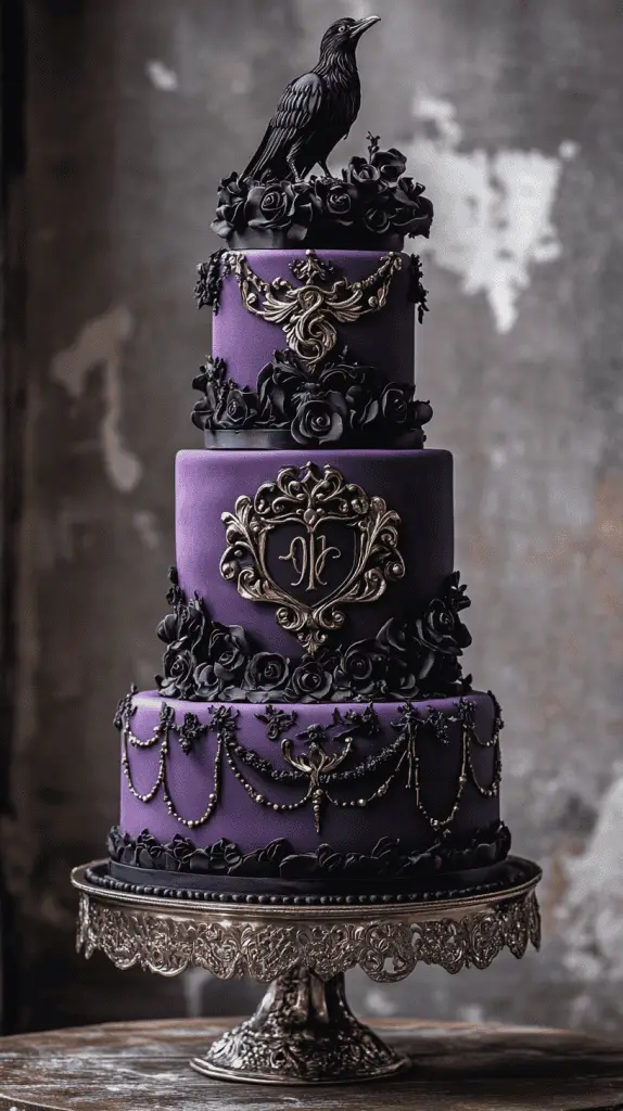 Playful yet gothic cake with purple-black fondant backdrop, gold-painted raven crest at center