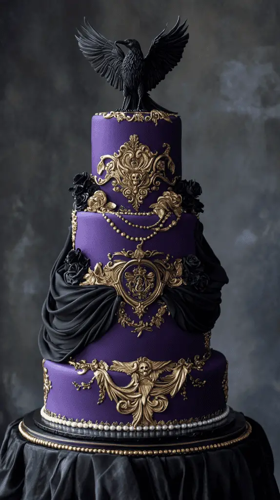 Playful yet gothic cake with purple-black fondant backdrop, gold-painted raven crest at center