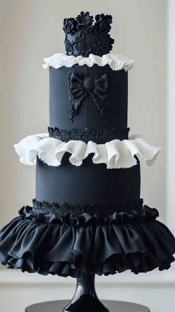 Avant-garde three-tier matte black cake with crisp white fondant collars designed like high-fashion uniform details