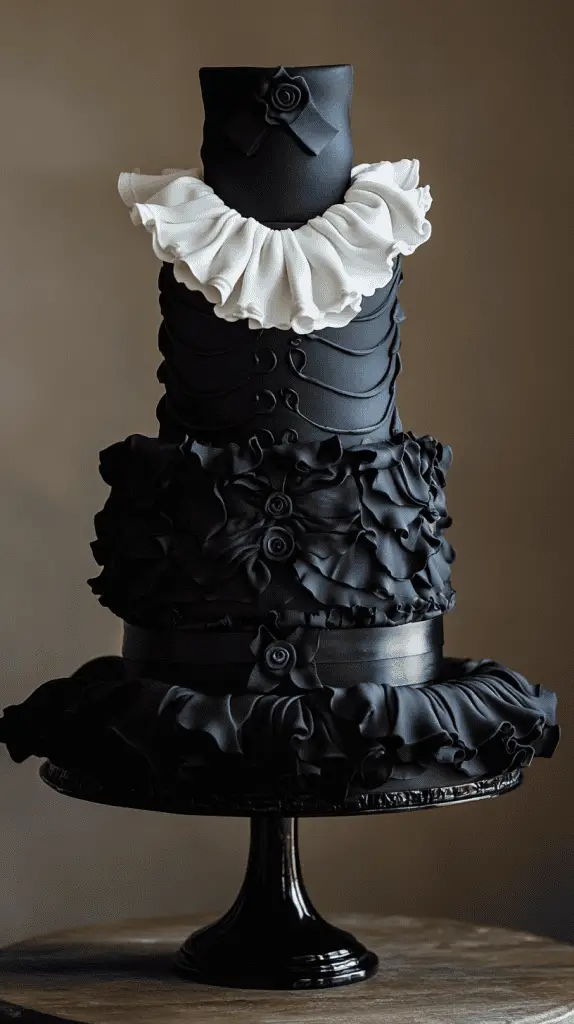 Avant-garde three-tier matte black cake with crisp white fondant collars designed like high-fashion uniform details