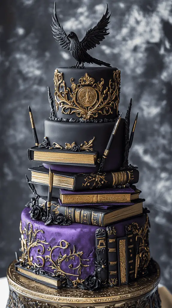 Playful yet gothic cake with purple-black fondant backdrop, gold-painted raven crest at center