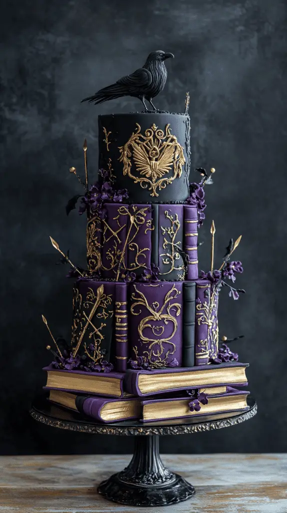 Playful yet gothic cake with purple-black fondant backdrop, gold-painted raven crest at center