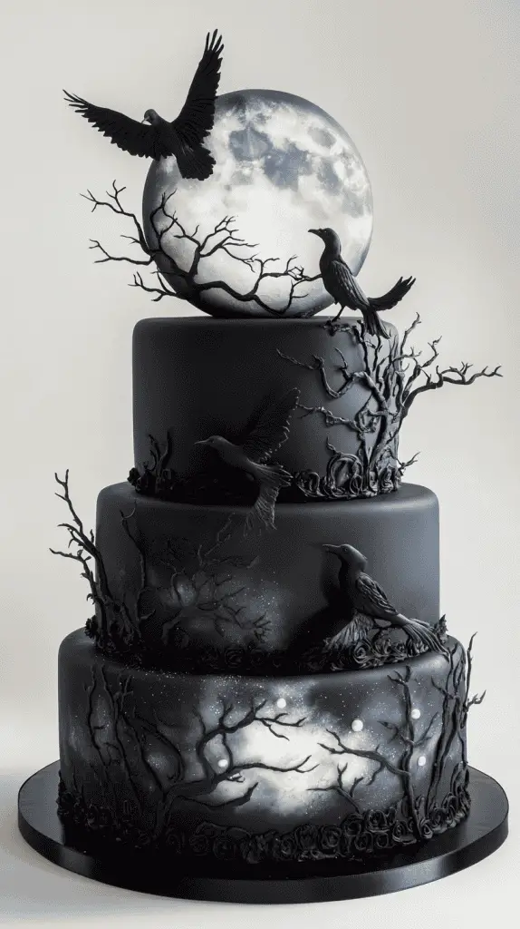 Dramatic cake with black ravens spreading wings against a luminous pearl-dusted full moon
