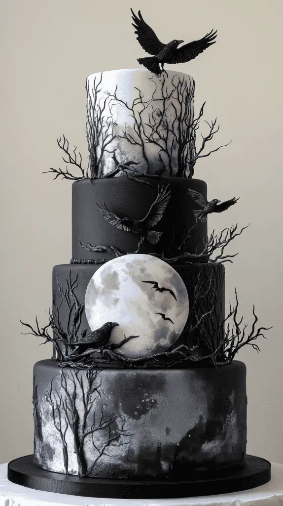 Dramatic cake with black ravens spreading wings against a luminous pearl-dusted full moon