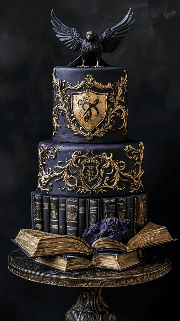 Playful yet gothic cake with purple-black fondant backdrop, gold-painted raven crest at center