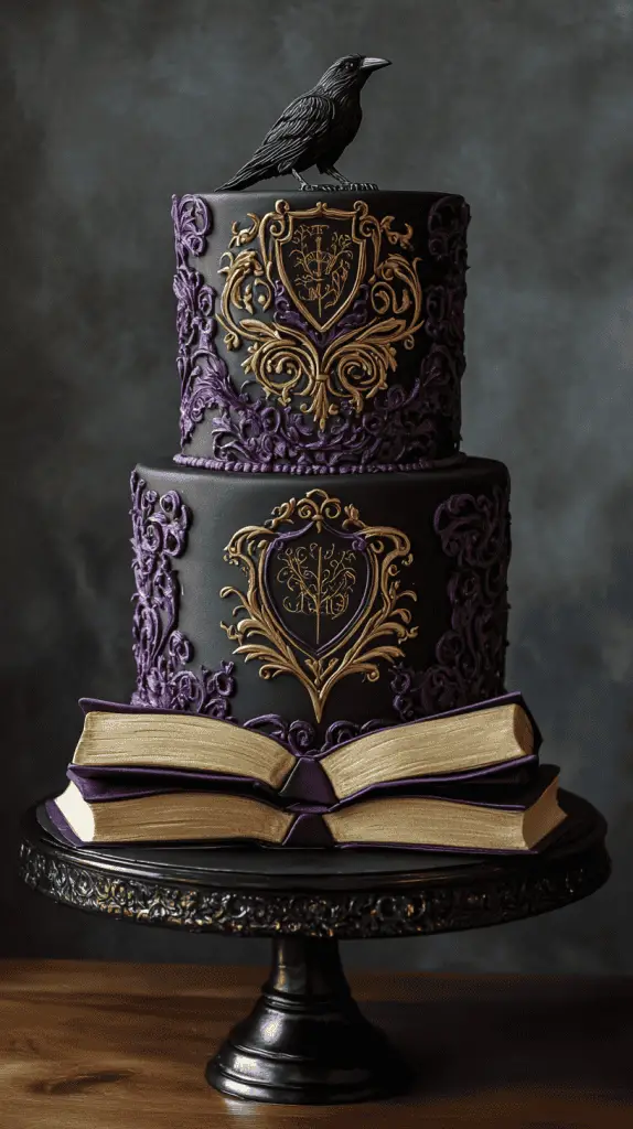 Playful yet gothic cake with purple-black fondant backdrop, gold-painted raven crest at center