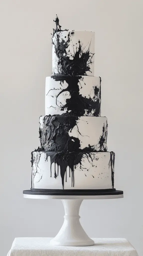 Three-tier abstract wedding cake with bold matte black buttercream base, swirling white inkblot marbling patterns