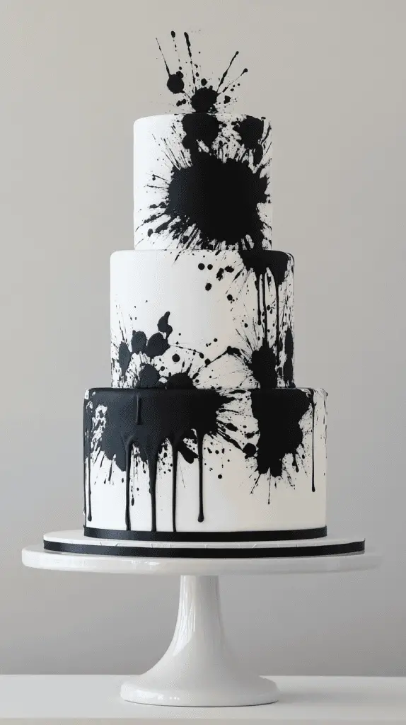 Three-tier abstract wedding cake with bold matte black buttercream base, swirling white inkblot marbling patterns