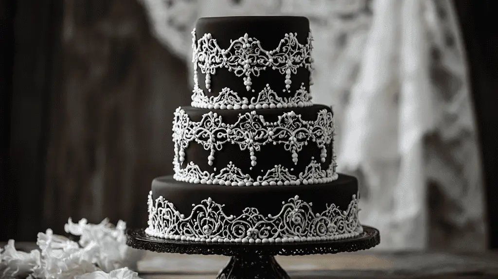 Three-tier Wednesday Addams inspired wedding cake, matte black fondant base with cascading white Victorian lace piping
