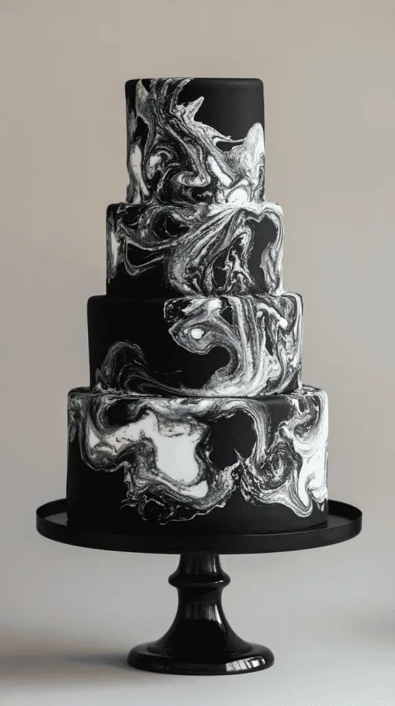 Three-tier abstract wedding cake with bold matte black buttercream base, swirling white inkblot marbling patterns