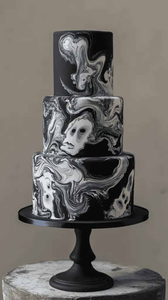 Three-tier abstract wedding cake with bold matte black buttercream base, swirling white inkblot marbling patterns
