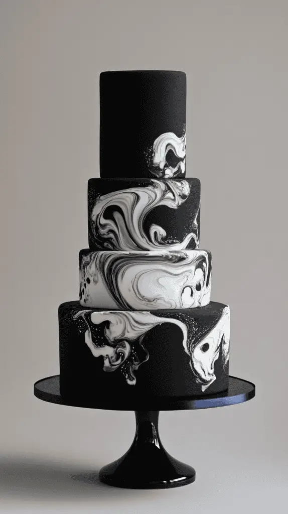 Three-tier abstract wedding cake with bold matte black buttercream base, swirling white inkblot marbling patterns
