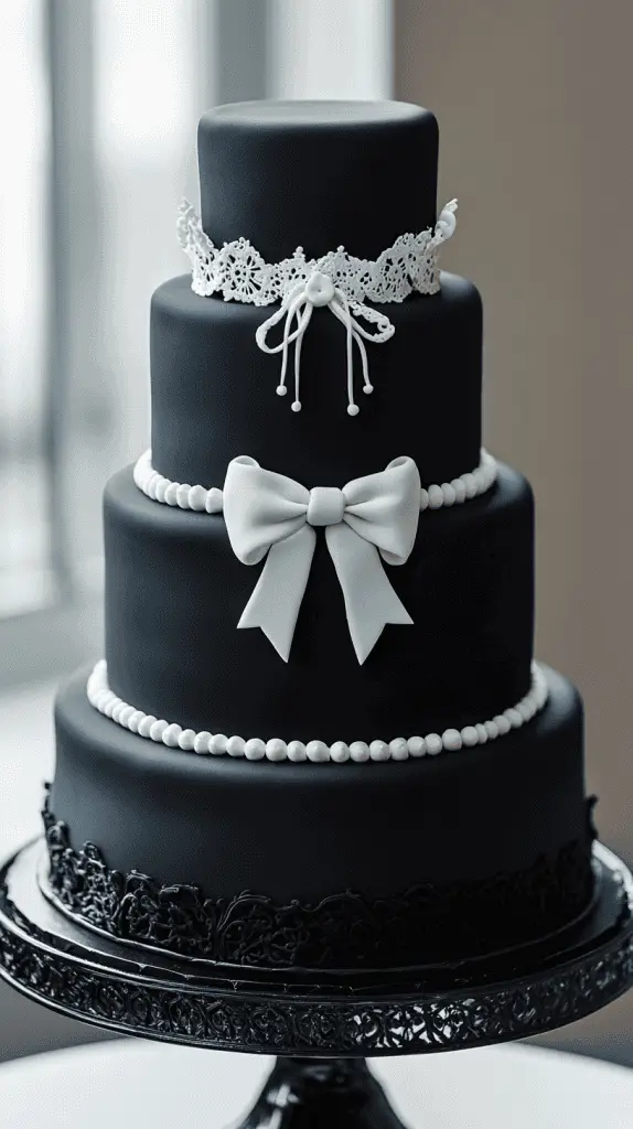 Avant-garde three-tier matte black cake with crisp white fondant collars designed like high-fashion uniform details