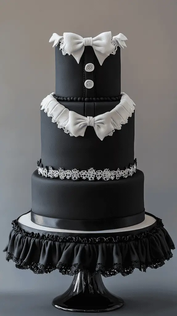 Avant-garde three-tier matte black cake with crisp white fondant collars designed like high-fashion uniform details