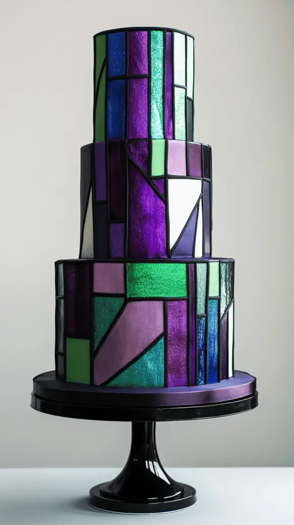 Three-tier stained glass cake glowing with jewel-toned isomalt panels in ruby red, violet, and cobalt blue