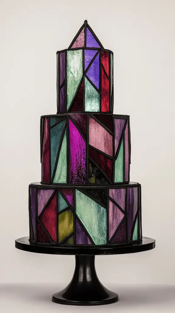 Three-tier stained glass cake glowing with jewel-toned isomalt panels in ruby red, violet, and cobalt blue
