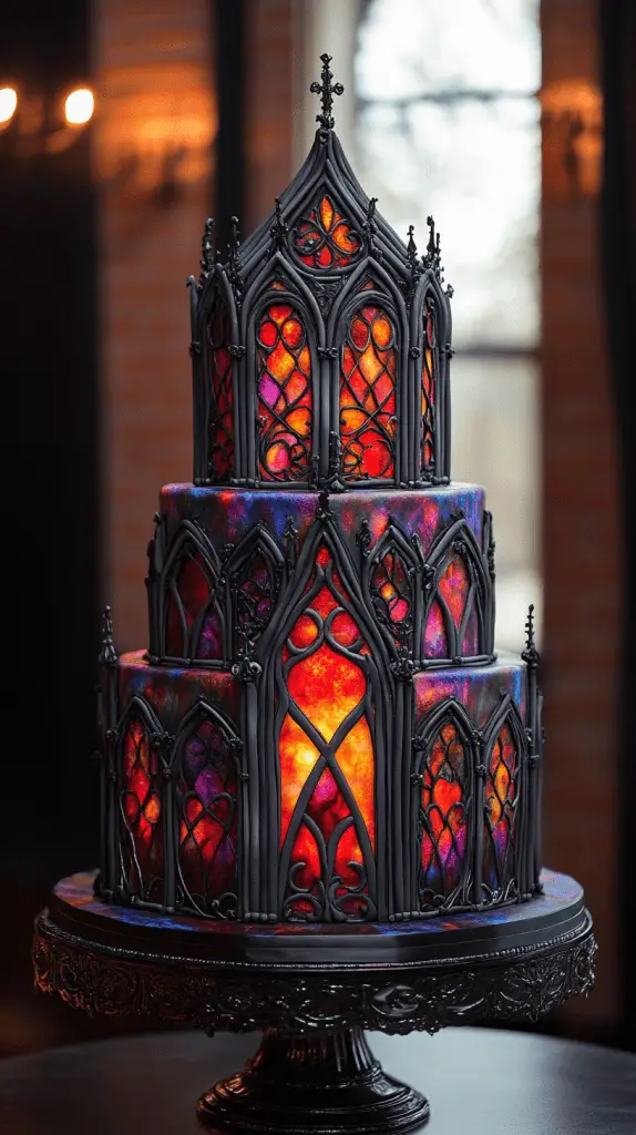 Three-tier stained glass cake glowing with jewel-toned isomalt panels in ruby red, violet, and cobalt blue