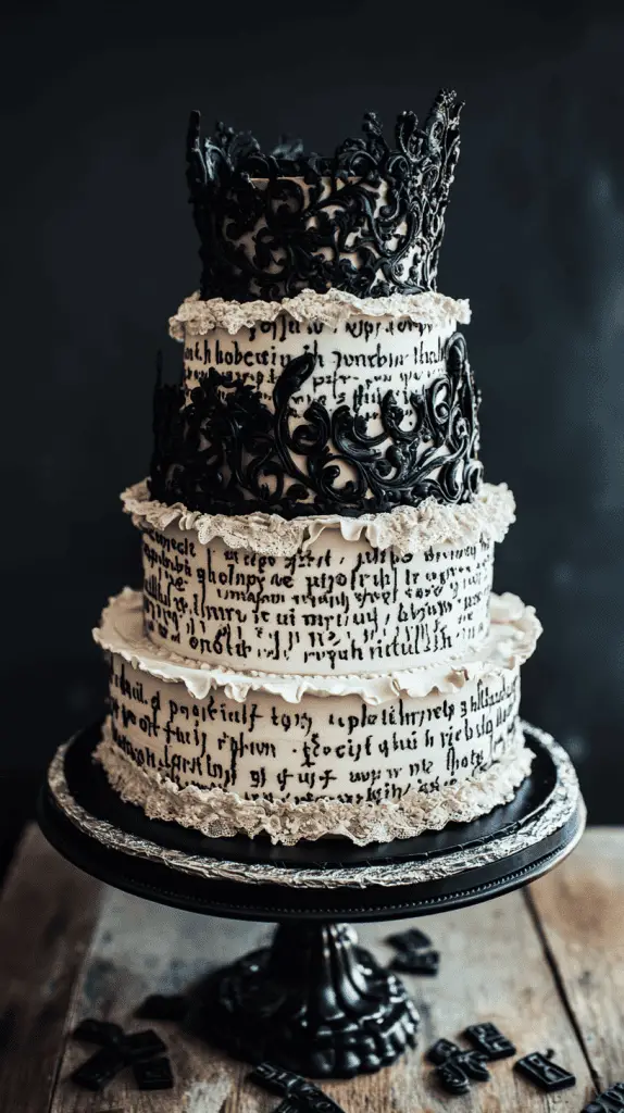 Three-tier gothic wedding cake wrapped in edible rice paper aged with vintage effects