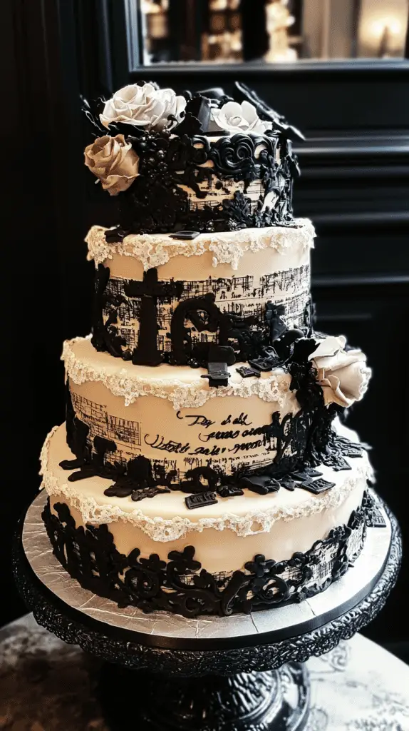 Three-tier gothic wedding cake wrapped in edible rice paper aged with vintage effects