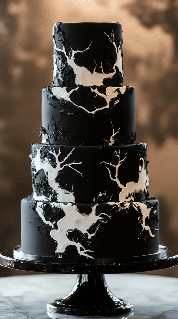 Three-tier abstract wedding cake with bold matte black buttercream base, swirling white inkblot marbling patterns