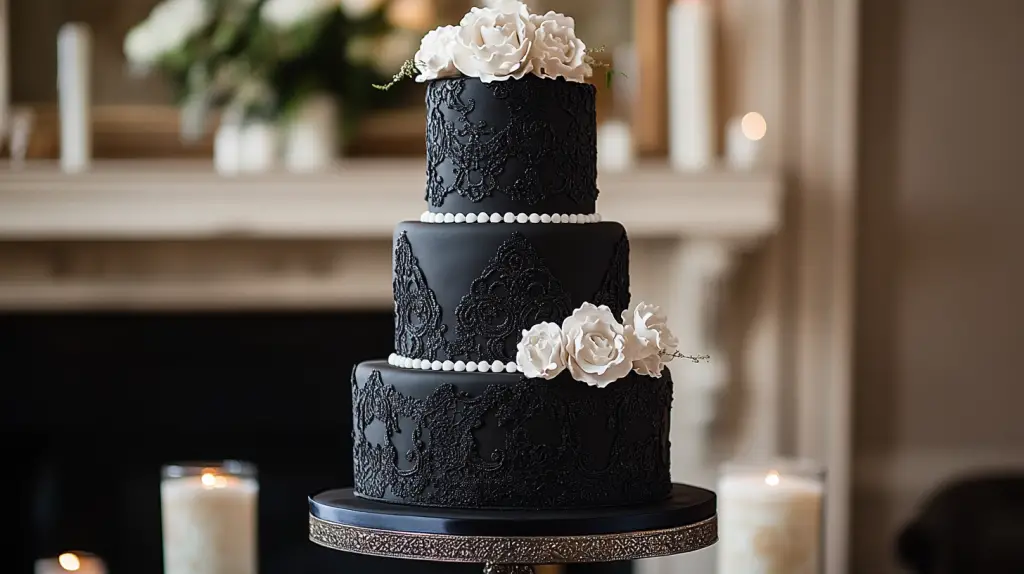 Three-tier matte black wedding cake with intricate lace piping, sugar pearls, and subtle white fondant contrasts