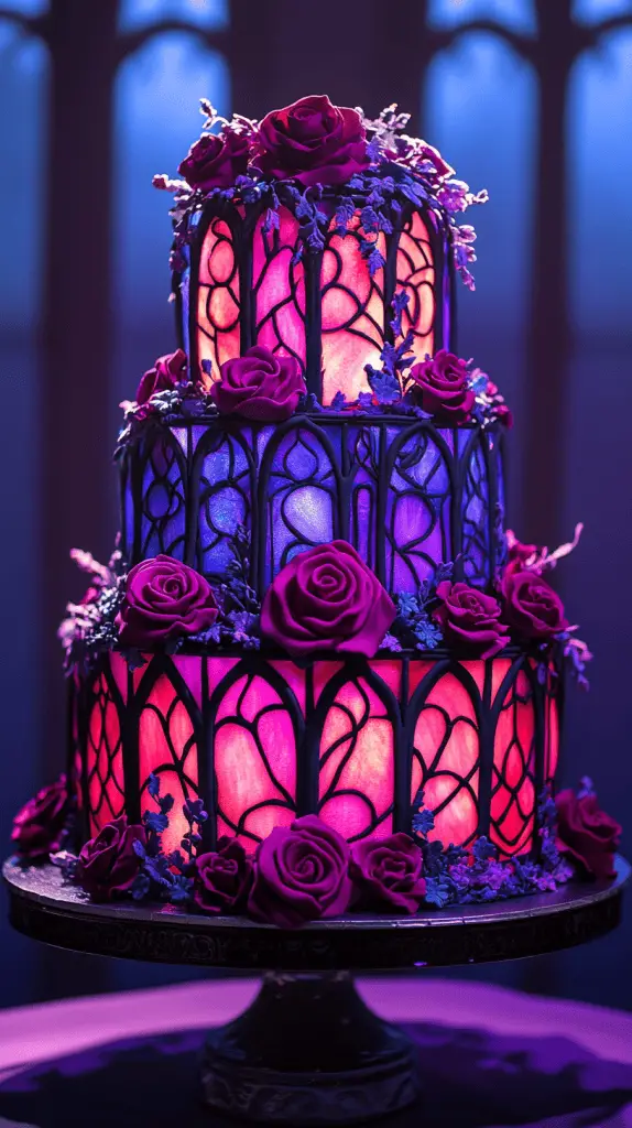 Three-tier stained glass cake glowing with jewel-toned isomalt panels in ruby red, violet, and cobalt blue