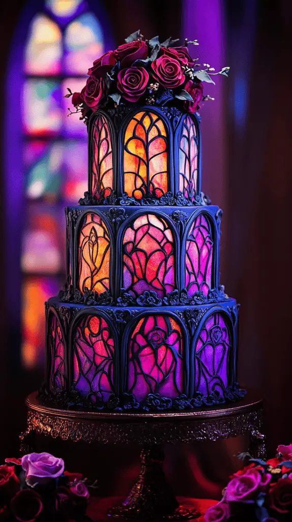 Three-tier stained glass cake glowing with jewel-toned isomalt panels in ruby red, violet, and cobalt blue