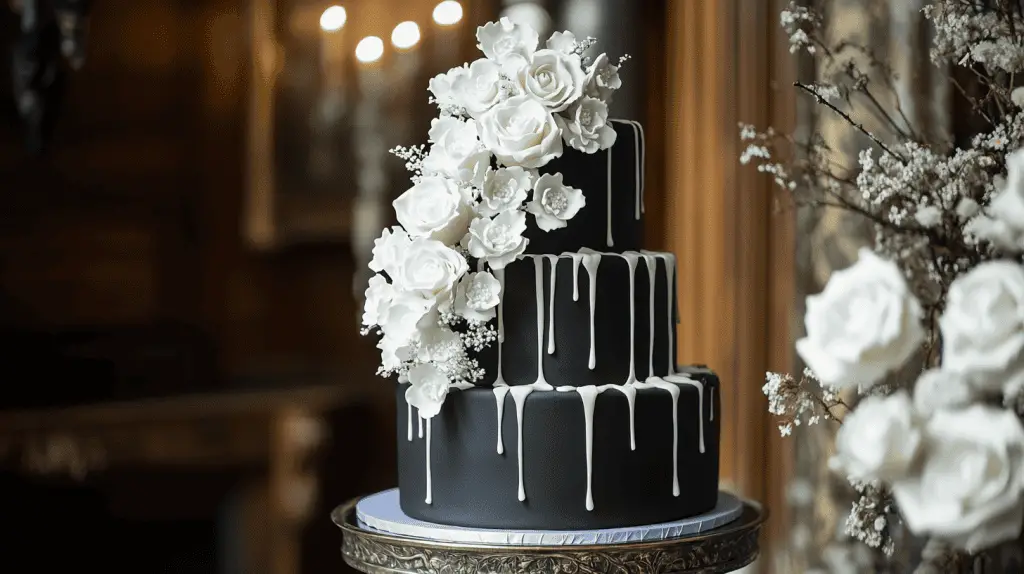 Three-tier wedding cake with matte black fondant base, glossy white drip cascading down each tier
