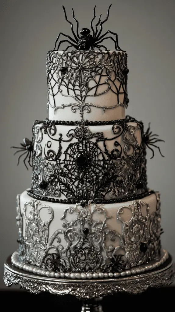 Whimsical wedding cake featuring delicate overlapping spiderwebs in royal icing, glowing silver brushed effects