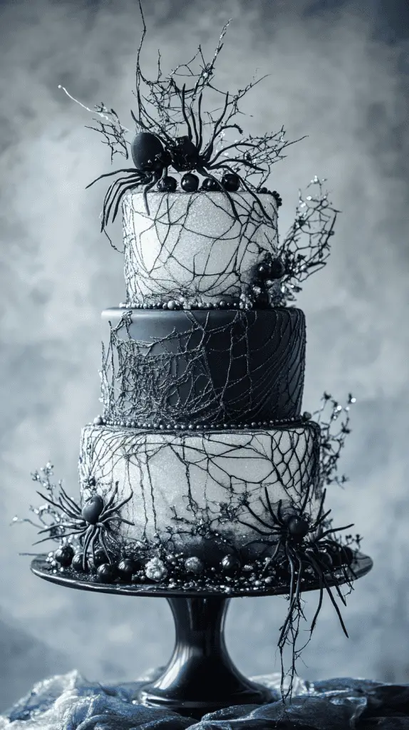Whimsical wedding cake featuring delicate overlapping spiderwebs in royal icing, glowing silver brushed effects