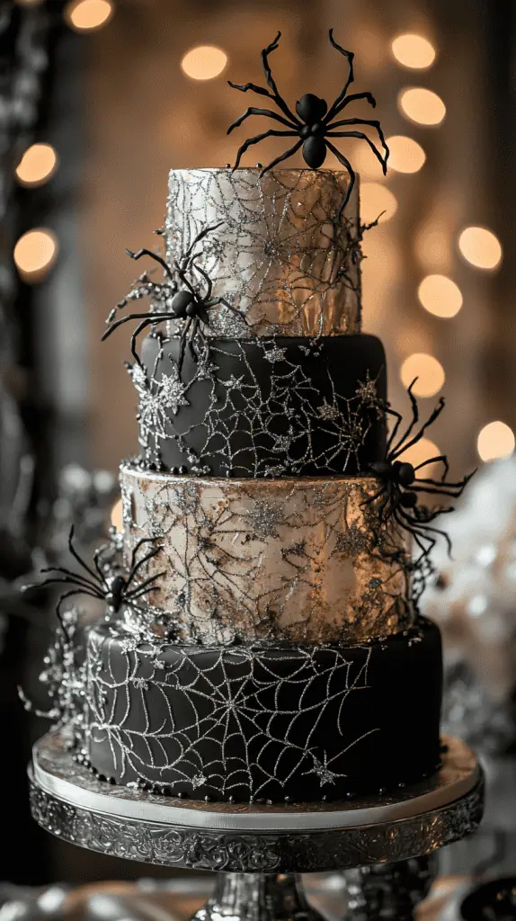 Whimsical wedding cake featuring delicate overlapping spiderwebs in royal icing, glowing silver brushed effects