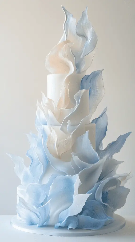 Luxurious opalite sugar sail wedding cake showcasing delicate isomalt panels arranged in geometric balance.