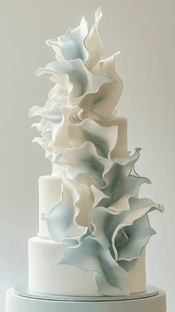 Luxurious opalite sugar sail wedding cake showcasing delicate isomalt panels arranged in geometric balance.