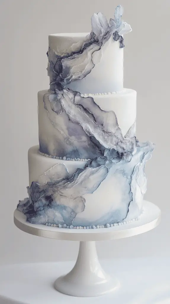 Three-tier opalite wedding cake fully in frame, designed to mimic real opalite gemstone layers with soft watercolor ombre