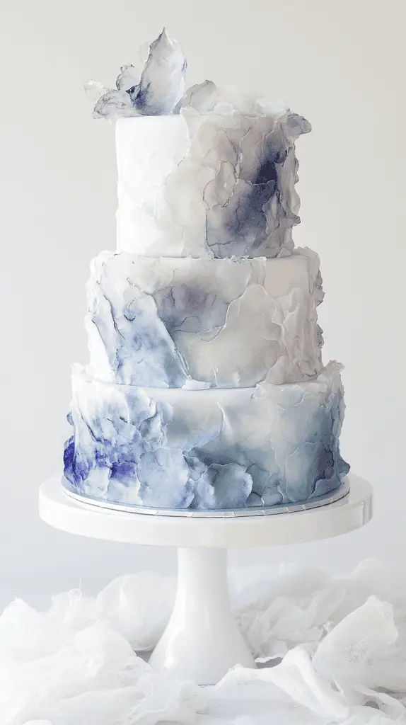 Three-tier opalite wedding cake fully in frame, designed to mimic real opalite gemstone layers with soft watercolor ombre