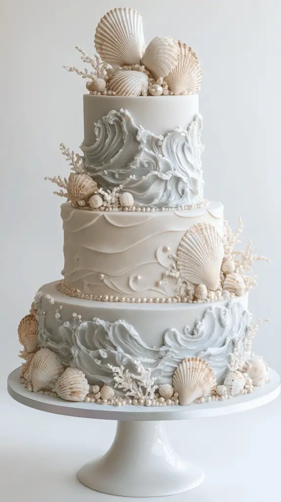 Entire coastal-themed opalite wedding cake adorned with mother-of-pearl seashells, shimmering sugar pearls, and flowing buttercream seafoam patterns.