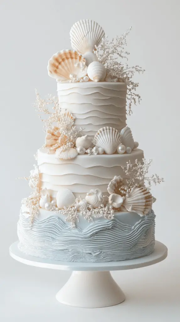 Entire coastal-themed opalite wedding cake adorned with mother-of-pearl seashells, shimmering sugar pearls, and flowing buttercream seafoam patterns.