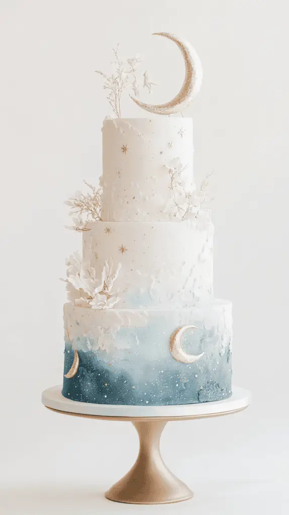 Full cake shot of a celestial opalite wedding design featuring star-shaped opalite accents.