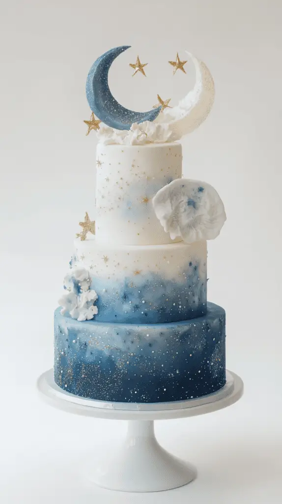 Full cake shot of a celestial opalite wedding design featuring star-shaped opalite accents.