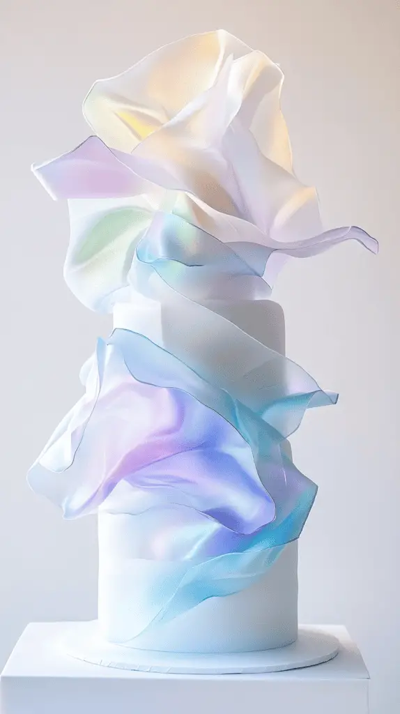 Contemporary opalite wafer paper design with multi-layered translucent veils wrapping around a smooth fondant base.