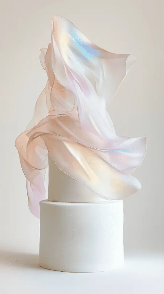 Contemporary opalite wafer paper design with multi-layered translucent veils wrapping around a smooth fondant base.