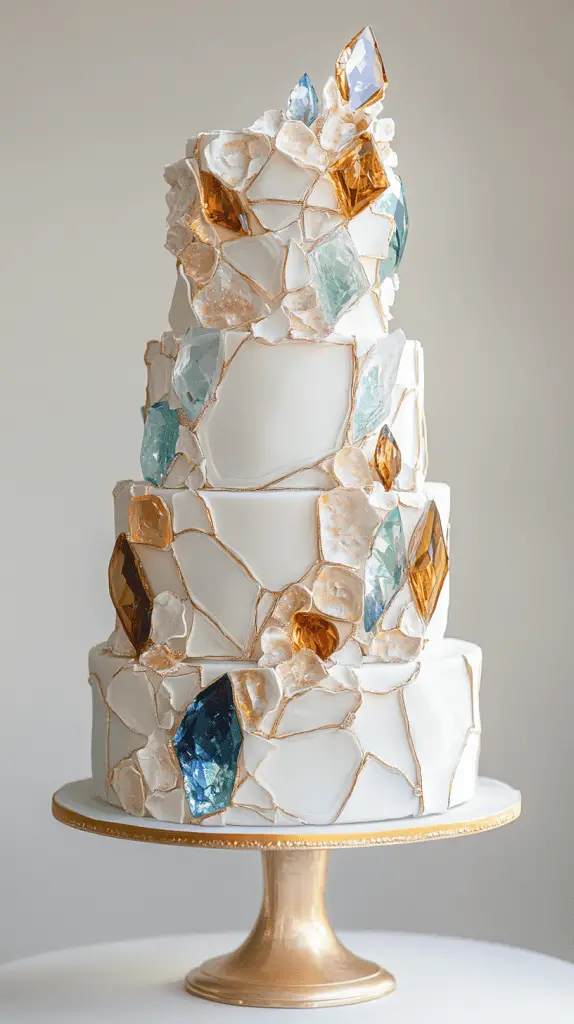 Elegant faceted opalite wedding cake showcasing cushion, emerald, and marquise-cut gemstone designs carved into the fondant.