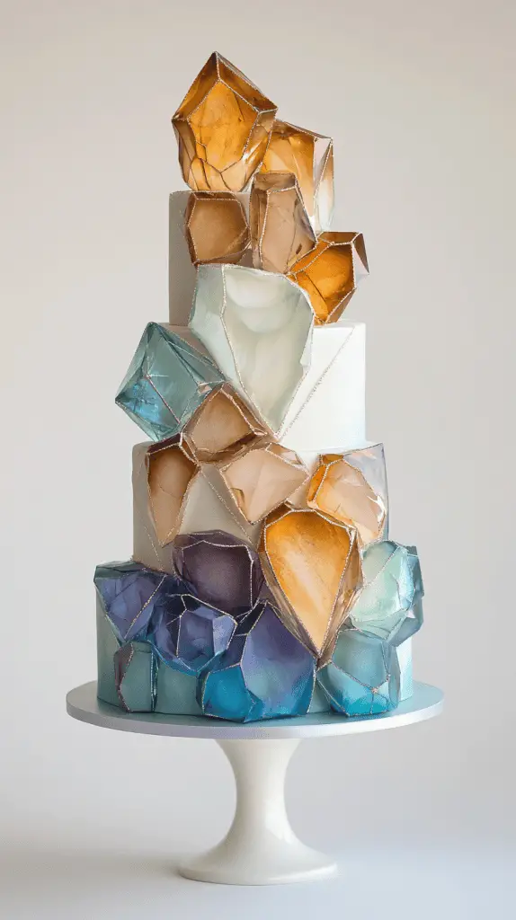 Elegant faceted opalite wedding cake showcasing cushion, emerald, and marquise-cut gemstone designs carved into the fondant.