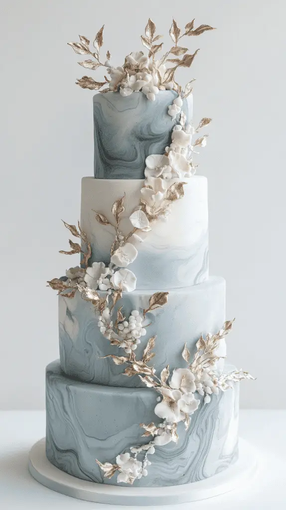 Luxurious opalite-marble wedding cake design with intricate swirling colour patterns created from Swiss meringue buttercream and edible pearl dust.