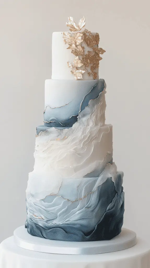 Luxurious opalite-marble wedding cake design with intricate swirling colour patterns created from Swiss meringue buttercream and edible pearl dust.