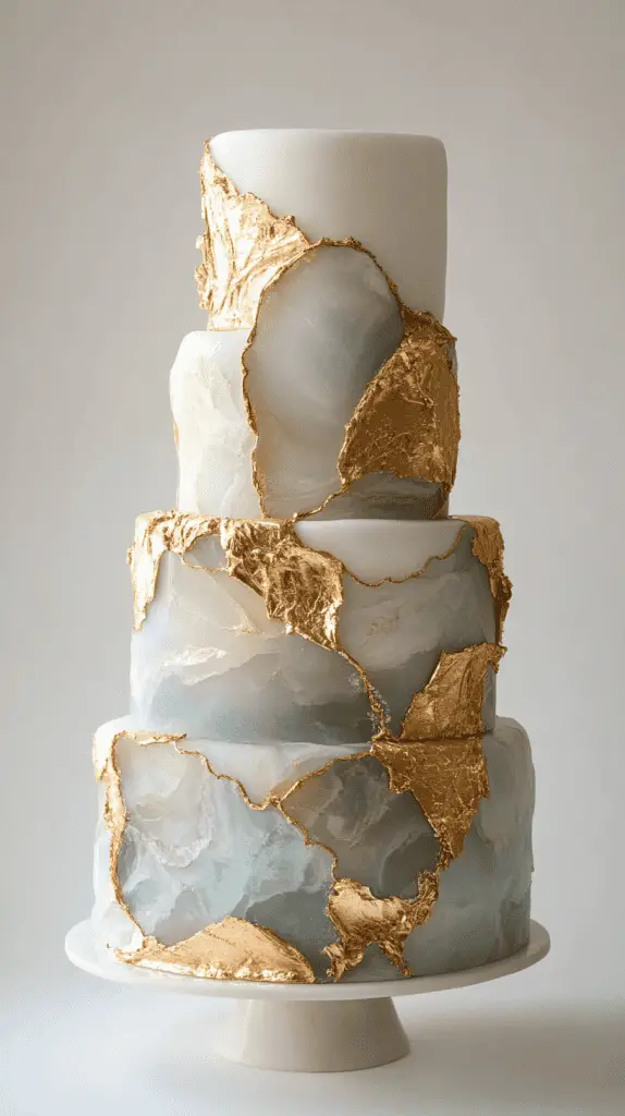 Modern opalite wedding cake with intricate gold leaf detailing across smooth fondant; partial gold flourishes and border highlights enhance the ethereal.