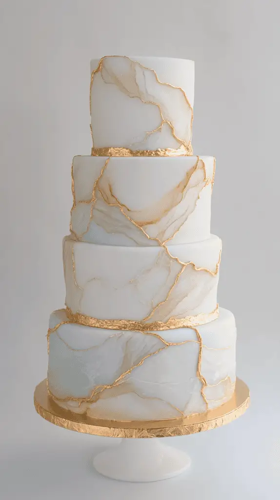 Modern opalite wedding cake with intricate gold leaf detailing across smooth fondant; partial gold flourishes and border highlights enhance the ethereal.
