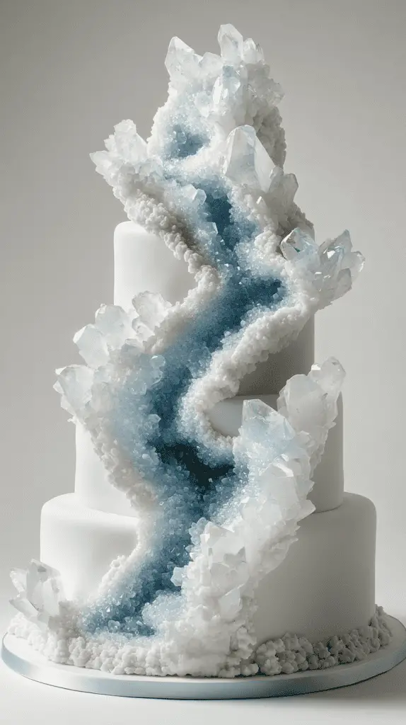 Modern opalite geode wedding cake design with geometric cutout sections filled with layered opalite crystals