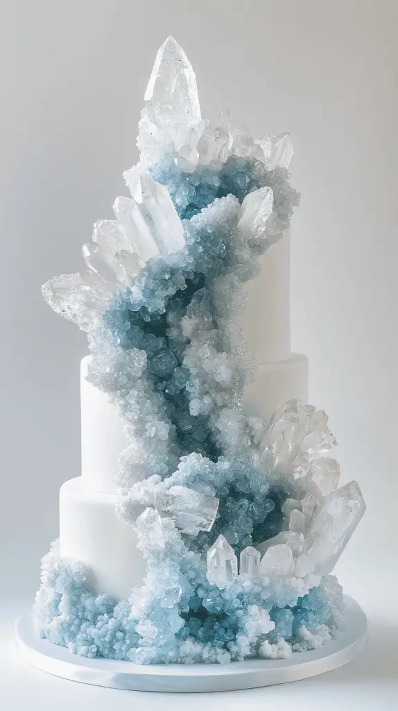 Modern opalite geode wedding cake design with geometric cutout sections filled with layered opalite crystals